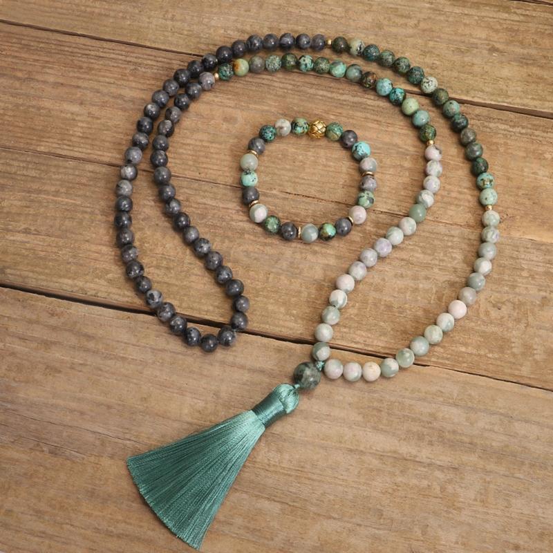 Long Strand Boho Fashion Necklace Bracelet Set Turquoise Beads Necklace Tassel