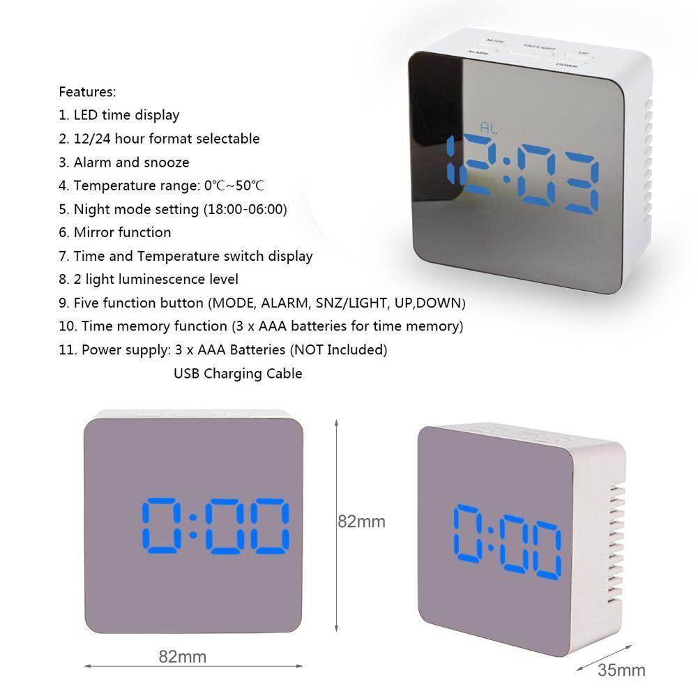 TS-70 Multi-function Digital LED Mirror Clock Alarm with Temperature Snooze