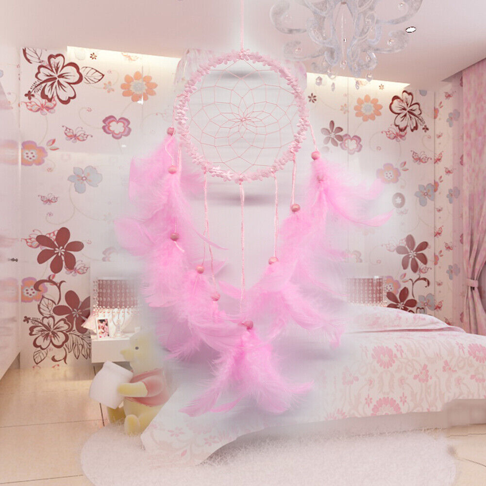 Flower Feathers Dream Catcher Wall Hanging Home Car Decor Ornament(Pink)