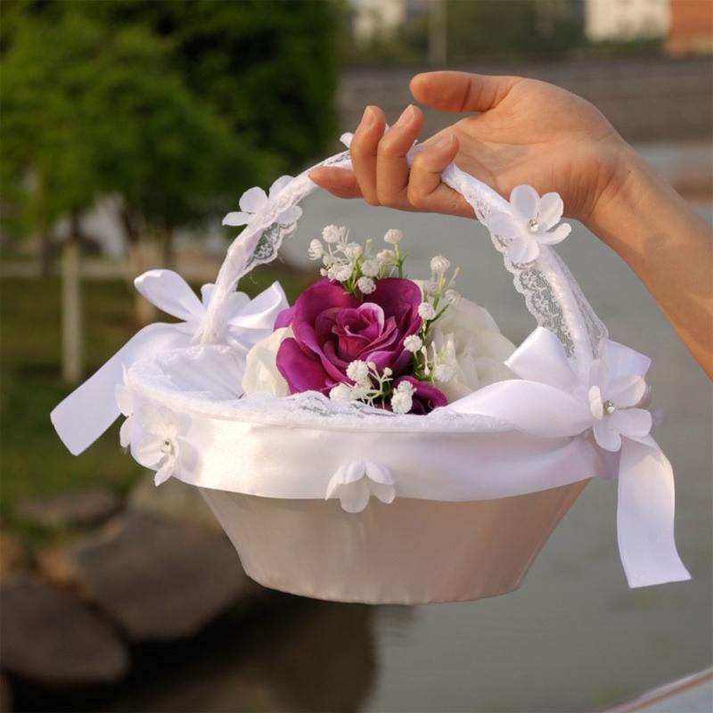 Flower Girl Basket with Removable Lace Handle for Wedding Faux Flowers Decor