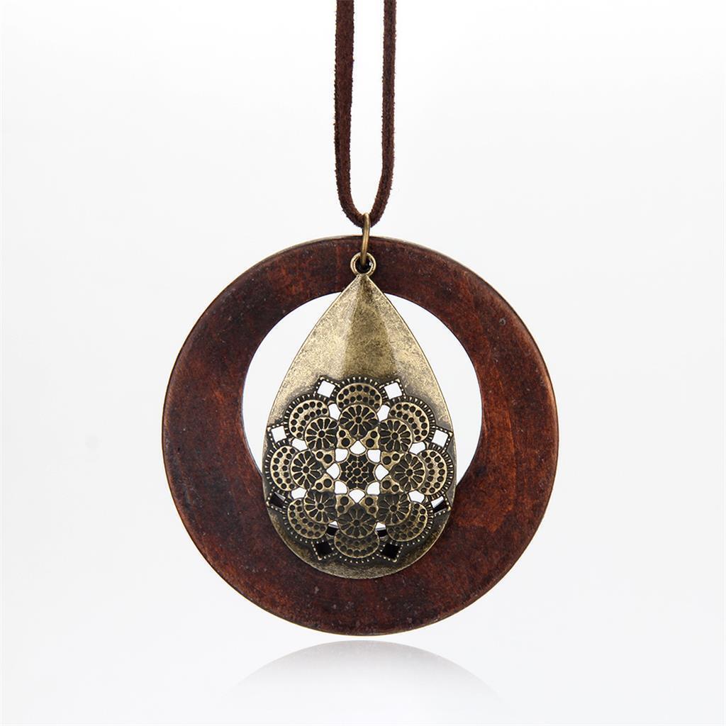 Round Wooden Pendant Long Sweater Chain Necklace Jewelry Gifts