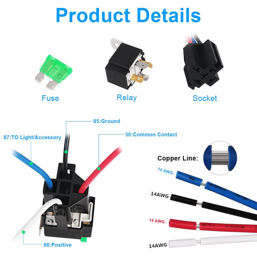 Car Relay Switch Harness Waterproof 6x 4Pin 12V 14AWG Wires 30AMP Fuse Holder