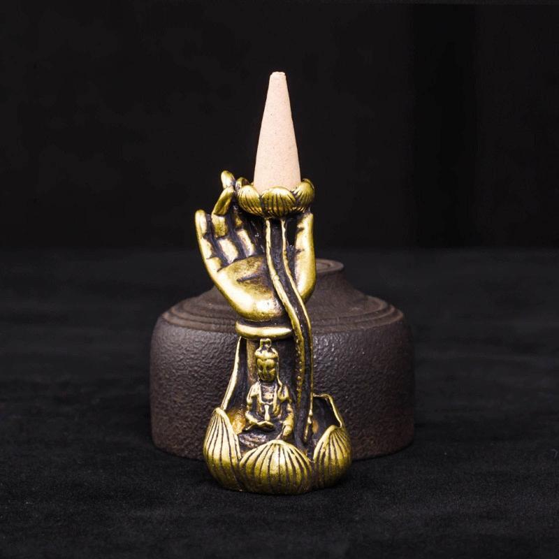 Brass Incense Burner Lotus Flower Buddha Hand Backflow Incense Holder Decoration