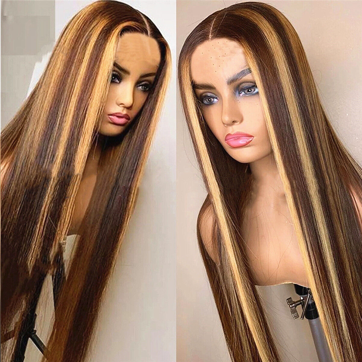 Fashion Ombre Brown Human Hair Wigs Brazilian Full Long Straight Front Wig