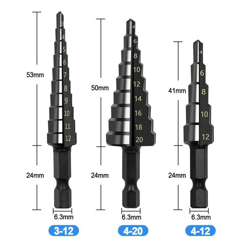 3Pc High Speed Steel Step Drill Bit Set Metric 3-12mm/4-12mm/4-20mm for Drilling