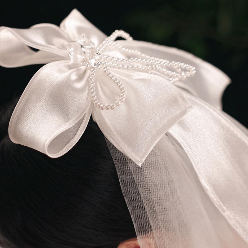 Wedding Veil with White Ribbon Bow 2 Tier Hair Accessories for Brides Short