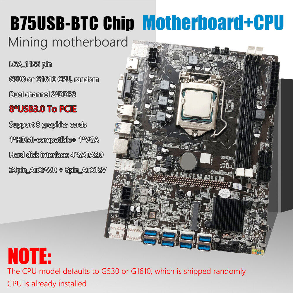 B75USB-BTC B75 Chip Mining Motherboard 8xUSB3.0 to PCI-E with LGA 1155 CPU
