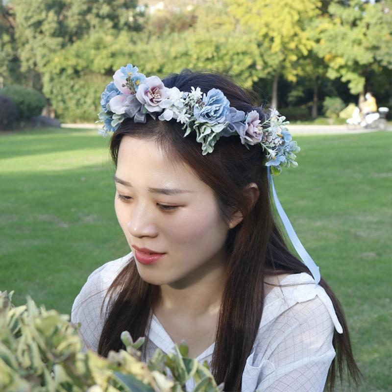 Bride Blue Flower Crown Hairband Wedding Floral Headband Garland Hair Accessory