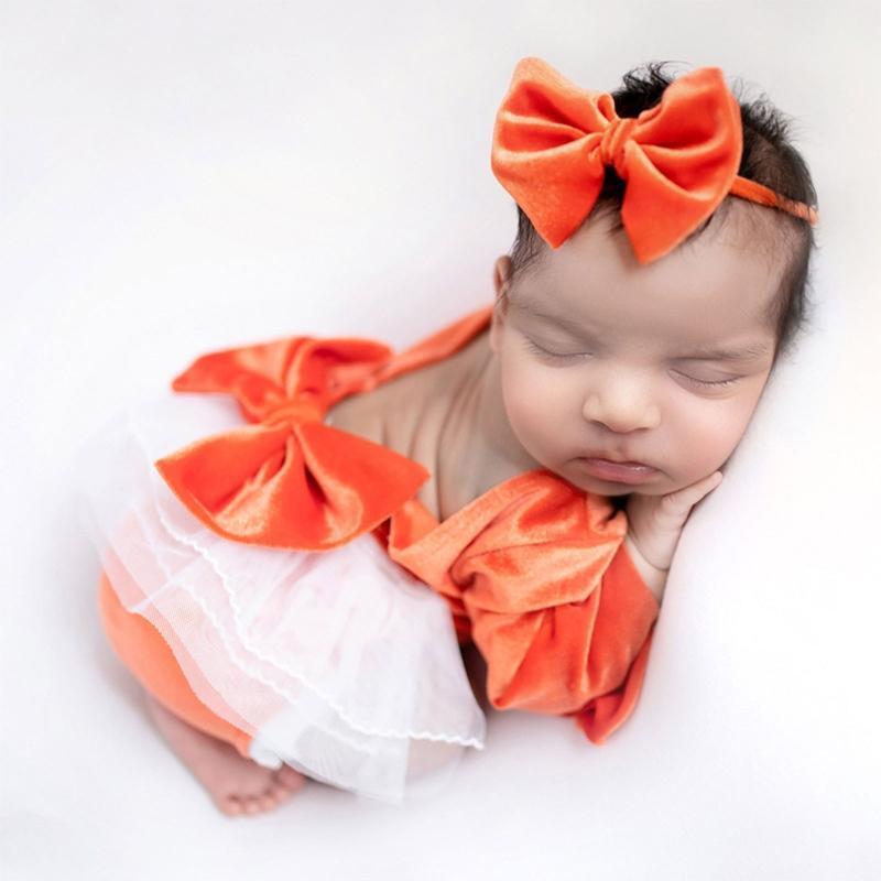 Newborn Baby Photography Clothes Soft Lace Neckline Velvet Romper Bow Hair Tie