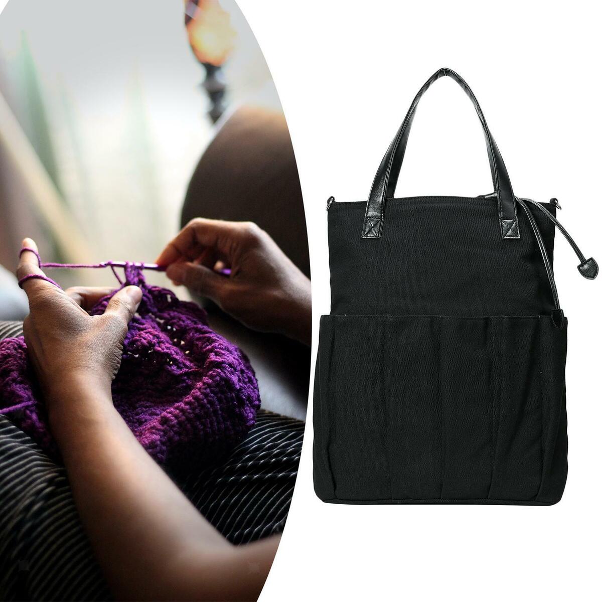 Crochet Bag Yarn Storage Tote Organizer with Pockets Drawstring Rope Case