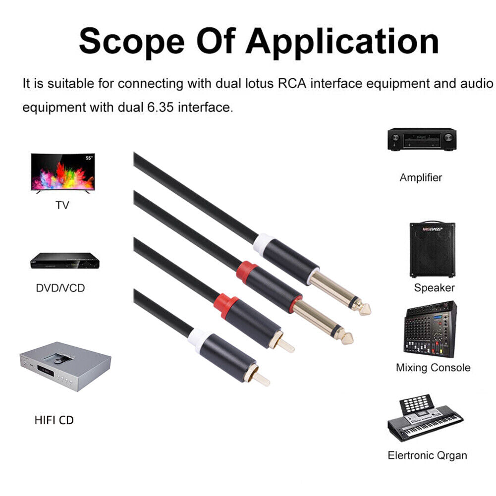 2 RCA Male to Dual 6.35 Jack Male Audio Cable Mixer Amplifier Adapter Cord
