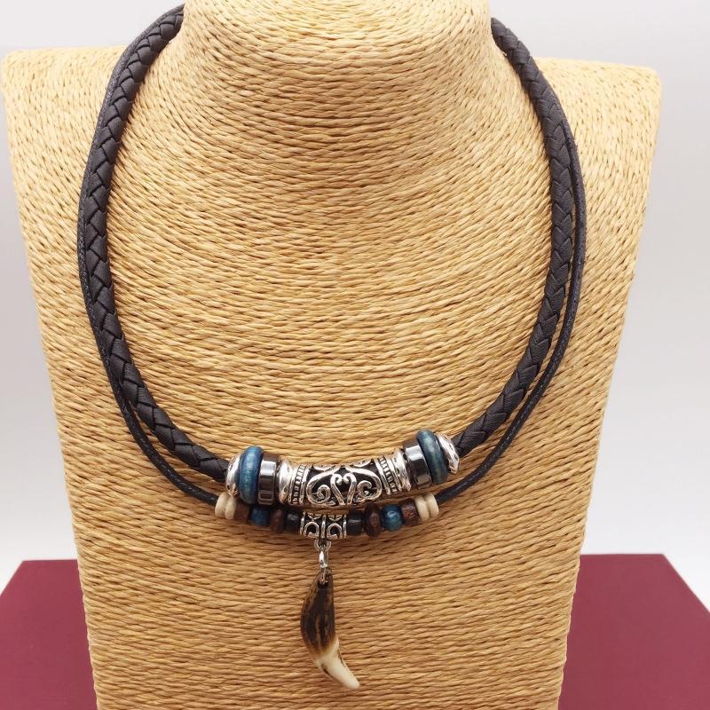 Ethnic Jewelry Leather Tribal Necklace with Dog Tooth Pendant for Women Men Gift