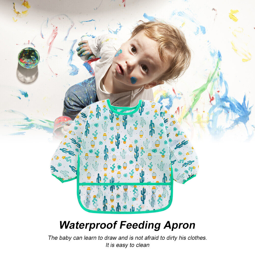 Baby Feeding Bibs Kids Waterproof Long Sleeve Coverall (0-3Years Cactus)