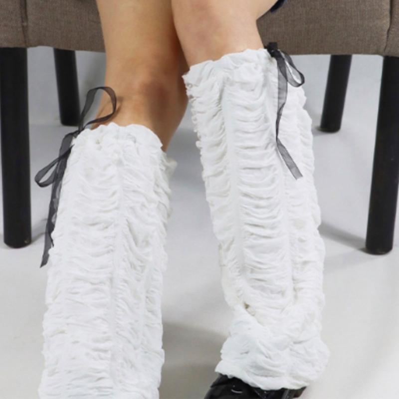 Sweet Lolita Bowknot Knee High Leg Warmers Women Wave Ruched Foot Cover Socks