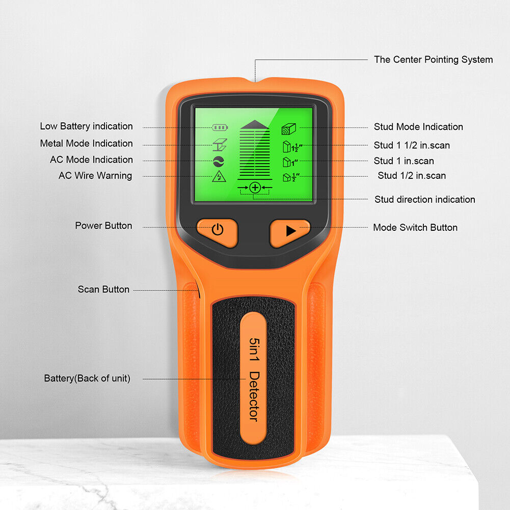 5-in-1 Professional Wall Stud Detector for AC Wire Metal Detection (Yellow)