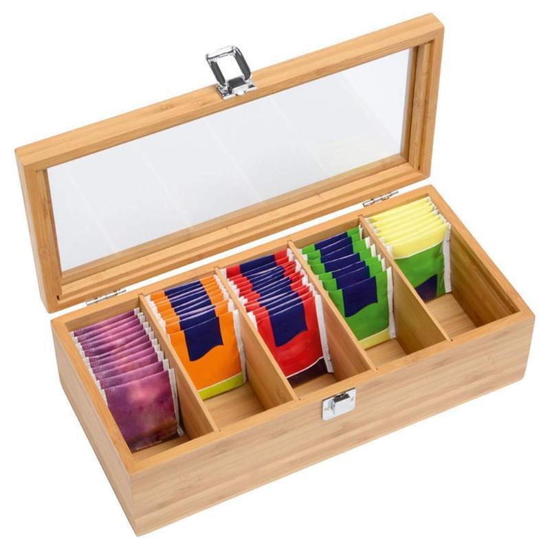 Multi-purpose Tea Box Organizer with 5 Deep Compartments for Tea Bags