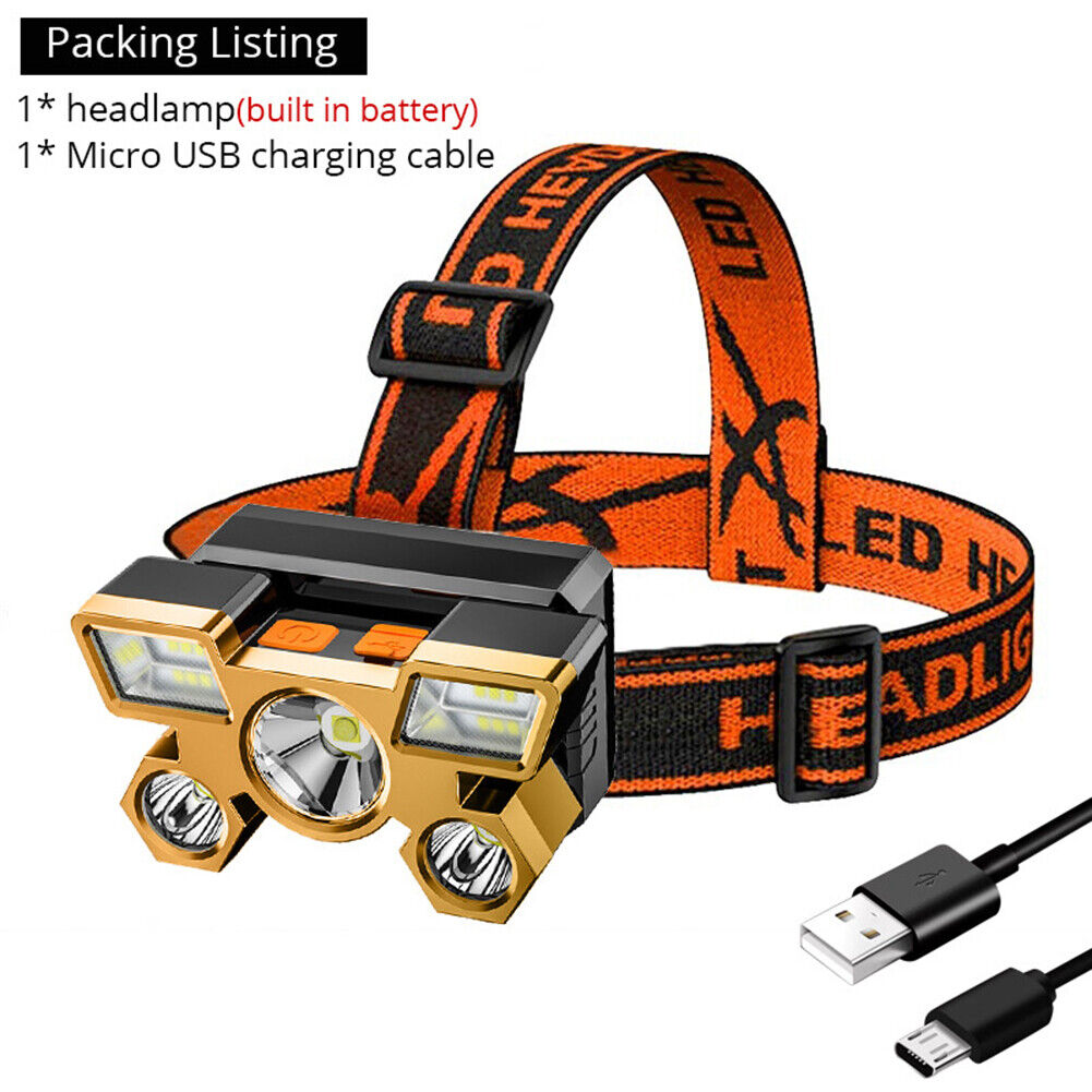 5xLED 1200mAh Portable Headlight USB Rechargeable Outdoor Fishing Headlamp