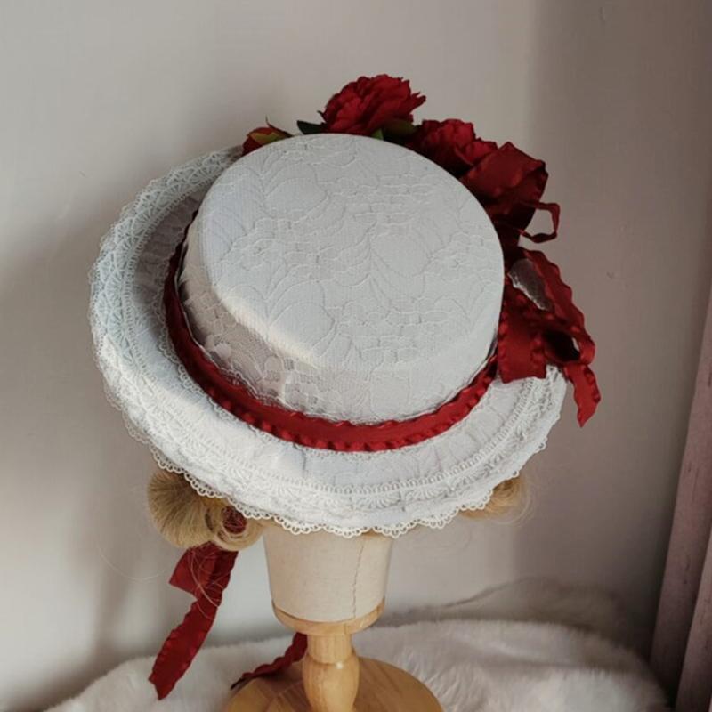 Sweet Lolita Lace-up Flat Top Hat Japanese Girl Flower Tophat for Wedding Church