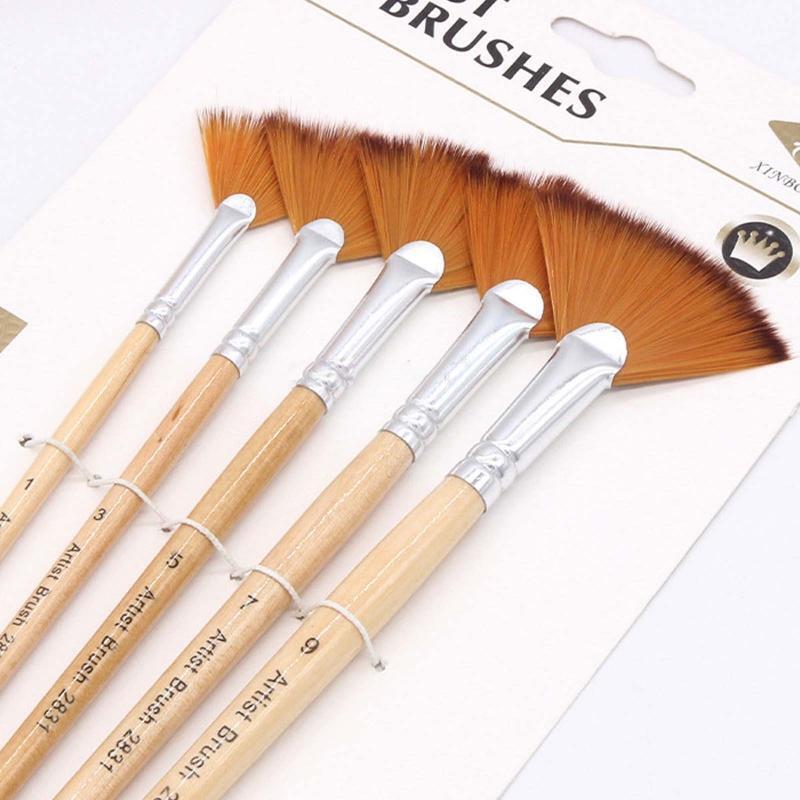 Artist Fan Paintbrushes Wood Rod Brush Painting Drawing Supplies for Child 5 Kit