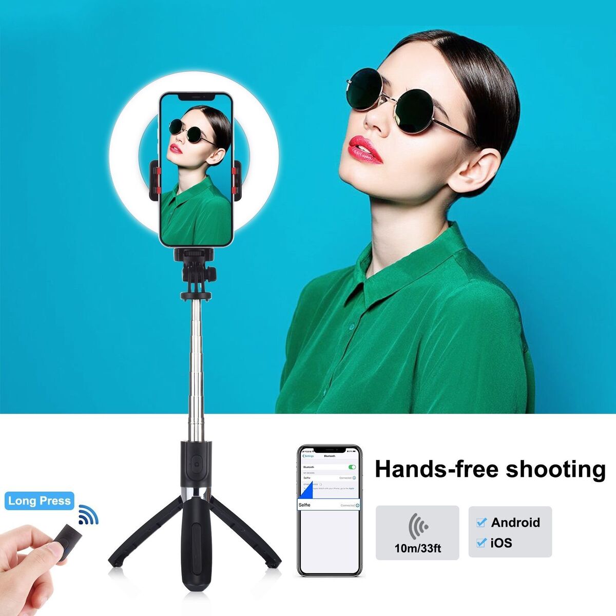 Bluetooth Video Selfie Stick LED Ring Light Filling Lamp For Tiktok Youtube