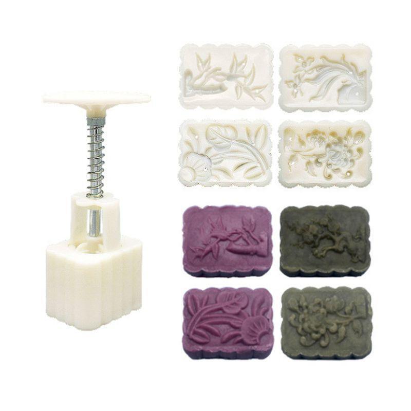 Bean Mooncake Mold with 4pcs Square Flowers Stamps Hand Press Moon Cake Pastry