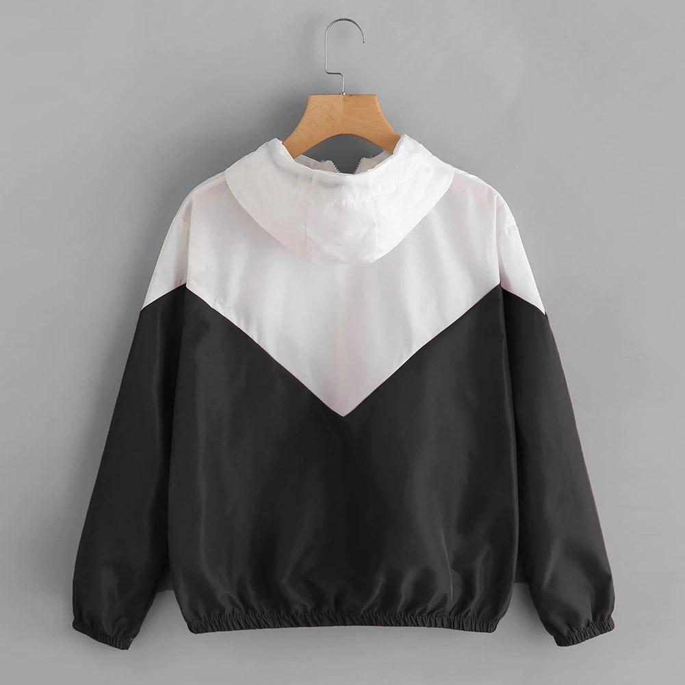 Women Fashion Patchwork Hooded Zipper Jacket Sports Casual Coat (Black M)