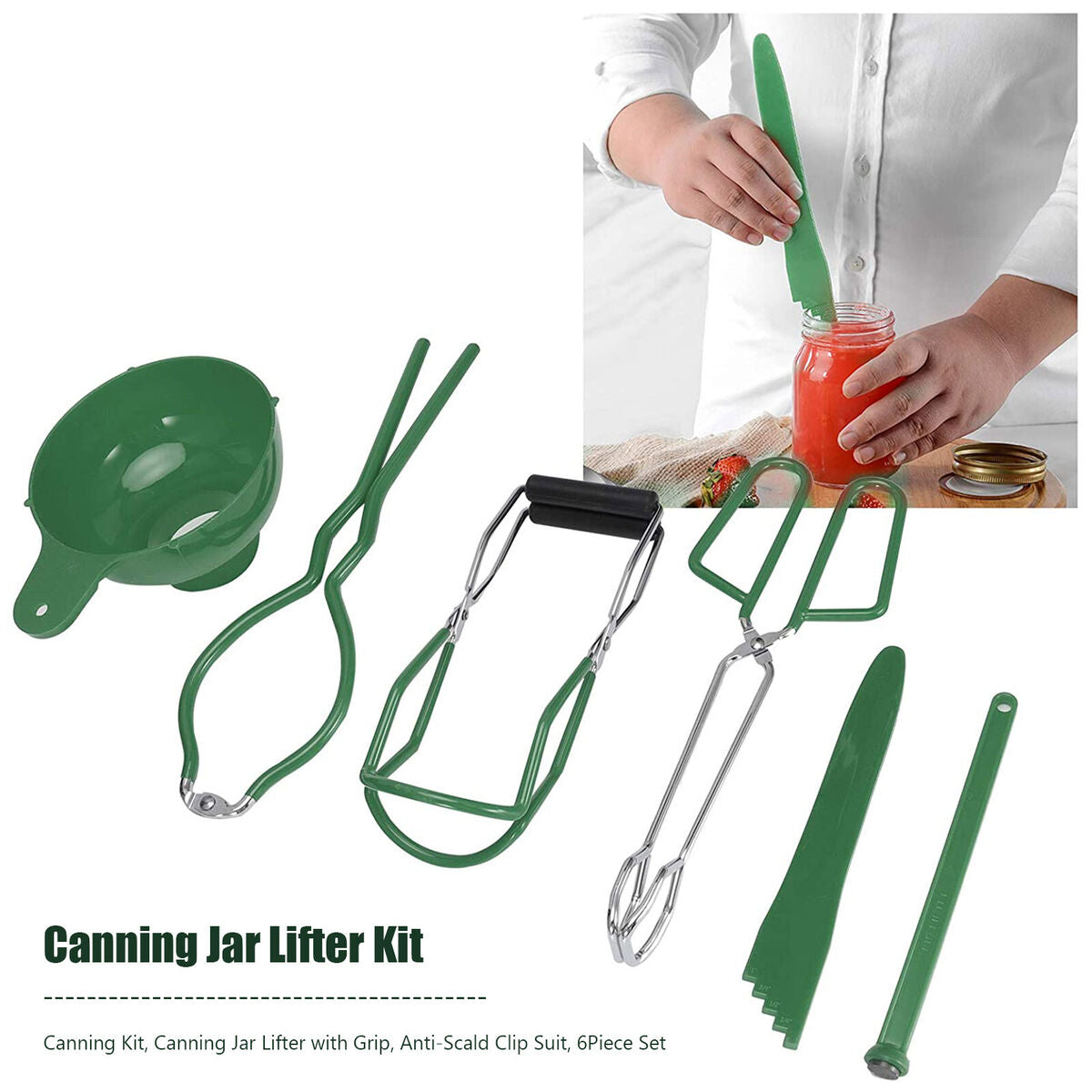 Canning Kit, Canning Jar Lifter with Grip, Anti-Scald Clip, 6pcs (Green)