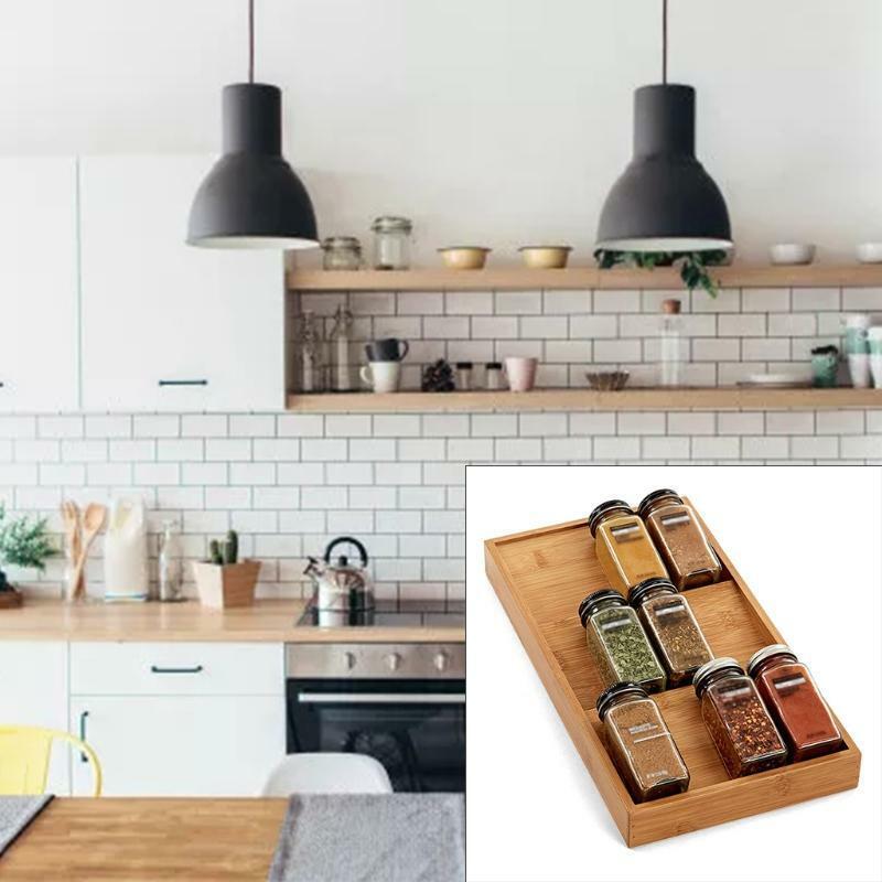 Spice Rack Organizer 3-Tier Wooden Seasoning Drawer Tray 12 Jars Holder Shelf