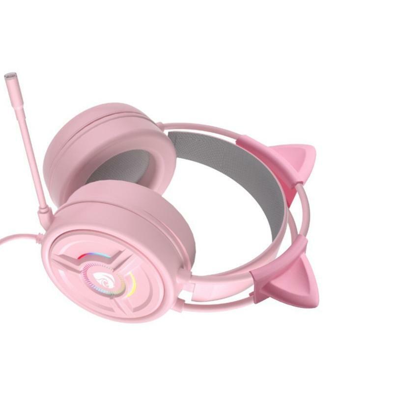 Pink Cat Ears Crystal Headset Wired Stereo Headphones Desktop 4D Audio 7.1 Sound
