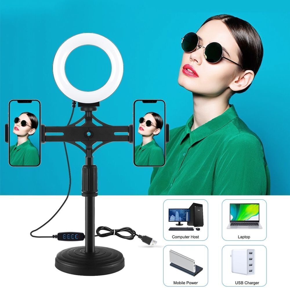 Light Kit 3 Color Temperature 4.7 inch Selfie Ring Light Dual Phone Brackets