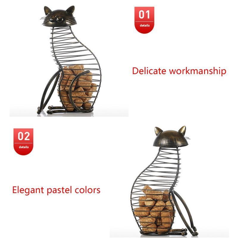 Metal Cat Wine Cork Container Wrought Metal Sculpture Table Decor