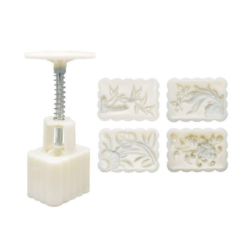 Bean Mooncake Mold with 4pcs Square Flowers Stamps Hand Press Moon Cake Pastry