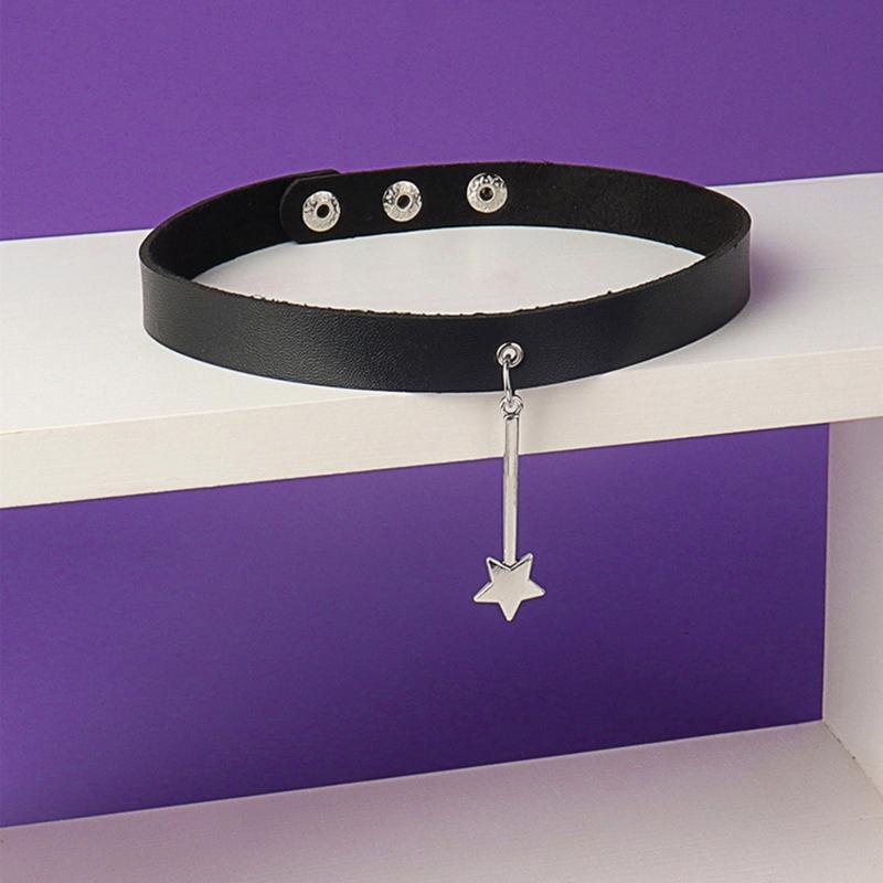 Adjustable Leather Choker Collar Soft Star Shaped Pendant Punk Choker Necklace