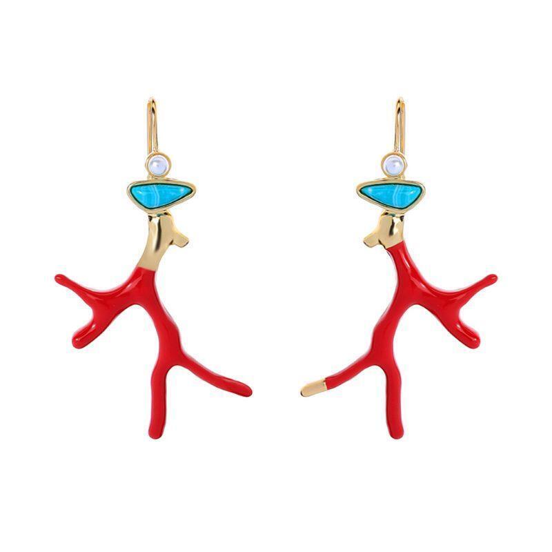 Fashion Coral Antlers Dangle Earrings Red Enamel Drop Earrings Gifts for Girls