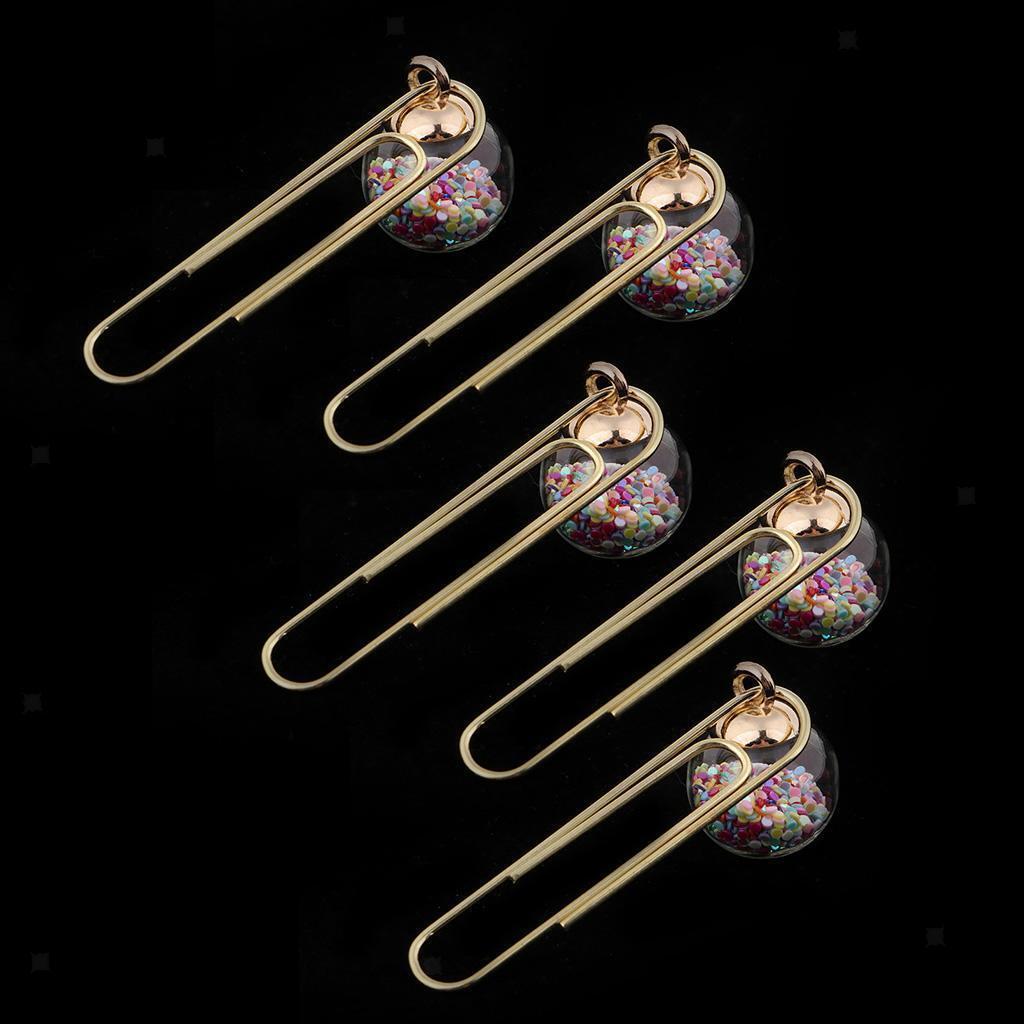 5Pcs Metal Paper Clips with Colorful Glass Ball Bookmarks Stationery Office