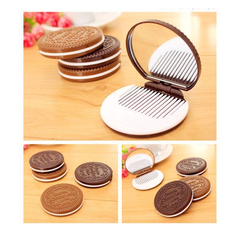 Women Girls Chocolate Cookie Mini Pocket Mirror With Comb Princess Portable