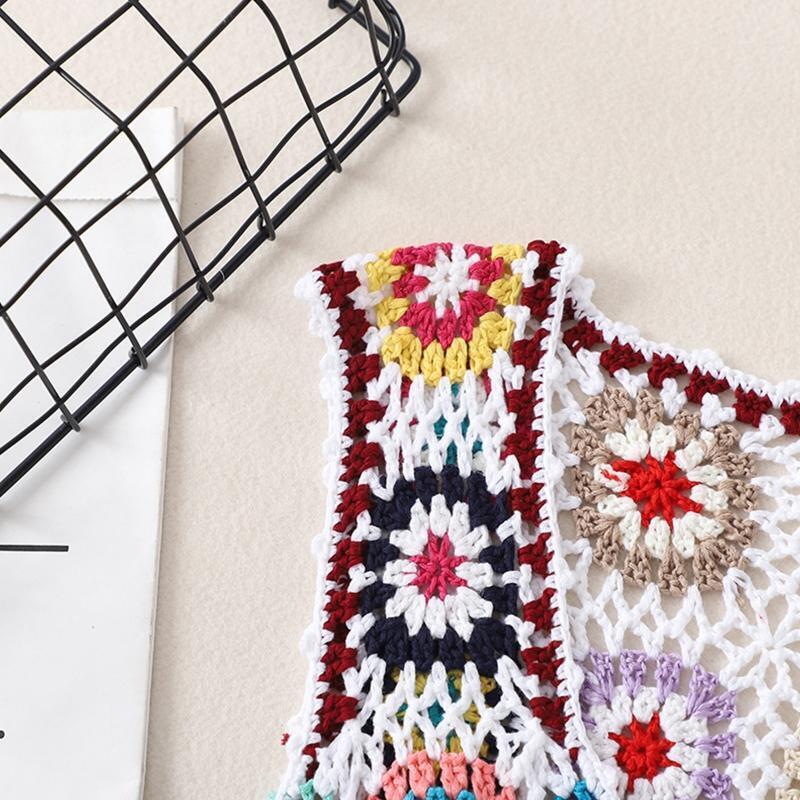 Women Boho Crochet Crop Vest Multicolor Plaid Sleeveless Lace-Up Short Cardigan
