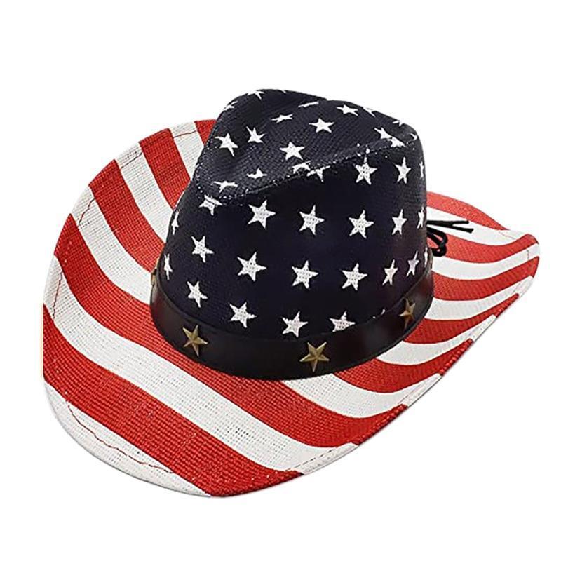 American Flag Western Cowgirl Hat with Windproof Rope Cowboy Hat for Parties