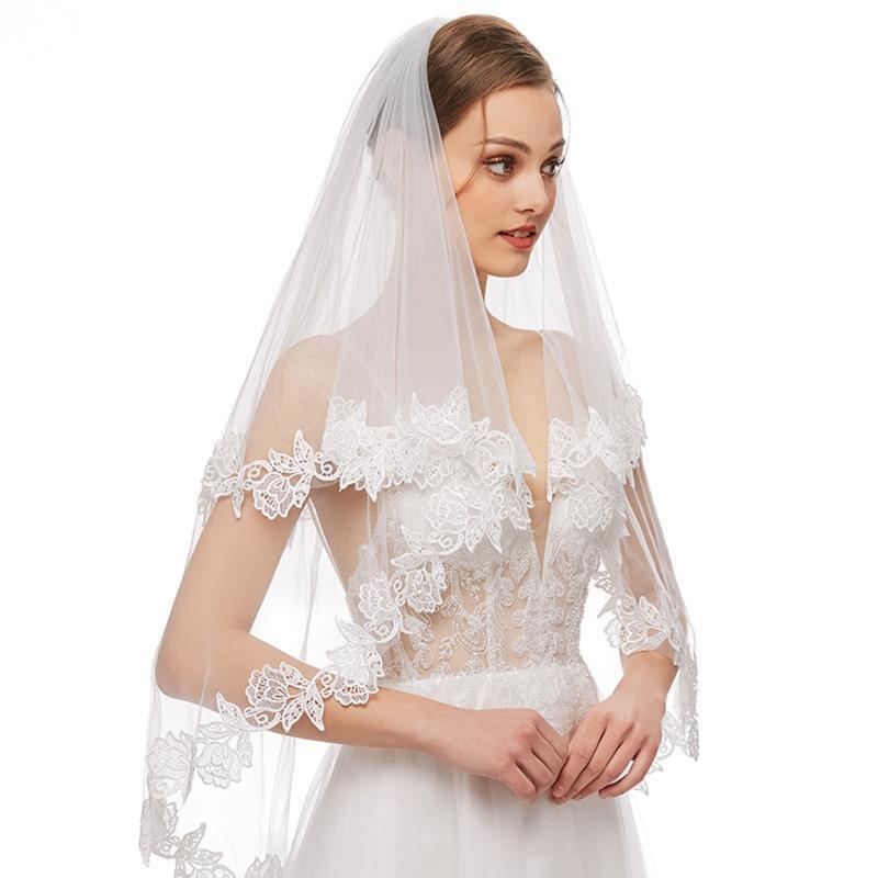 Wedding Veil with Comb 2-Layer Elbow Lace Trims Appliques Tulle Hair Accessories
