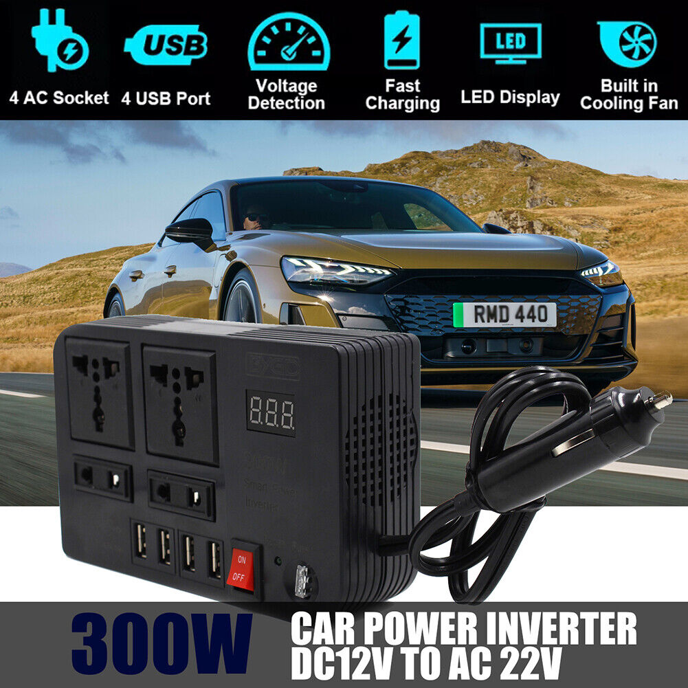 LED Display Car Inverter DC 12V to AC 220V 4 USB Power Converter Splitter
