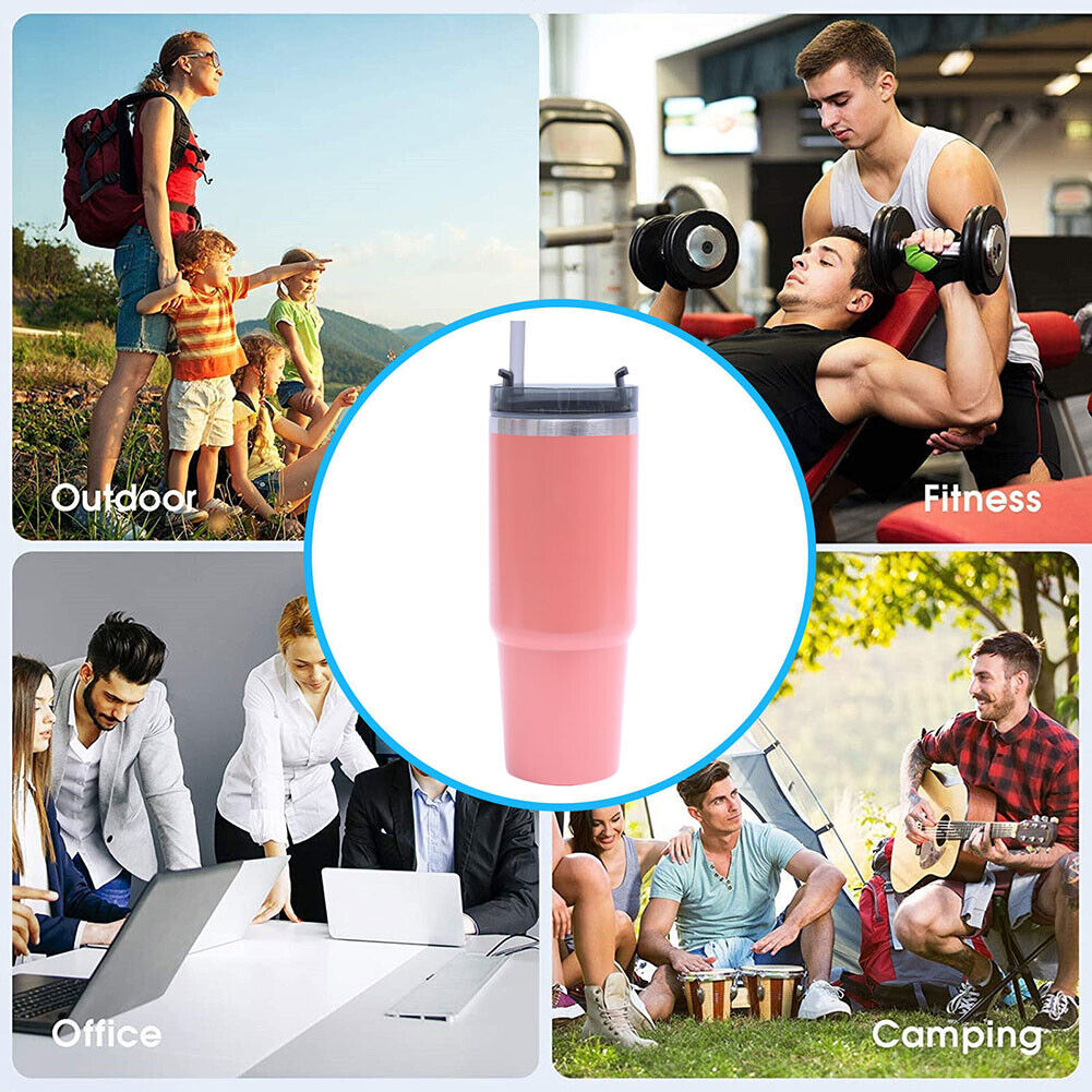 Stainless Steel Coffee Mug with Straw Ice Cooler Thermal Water Cup (Pink)