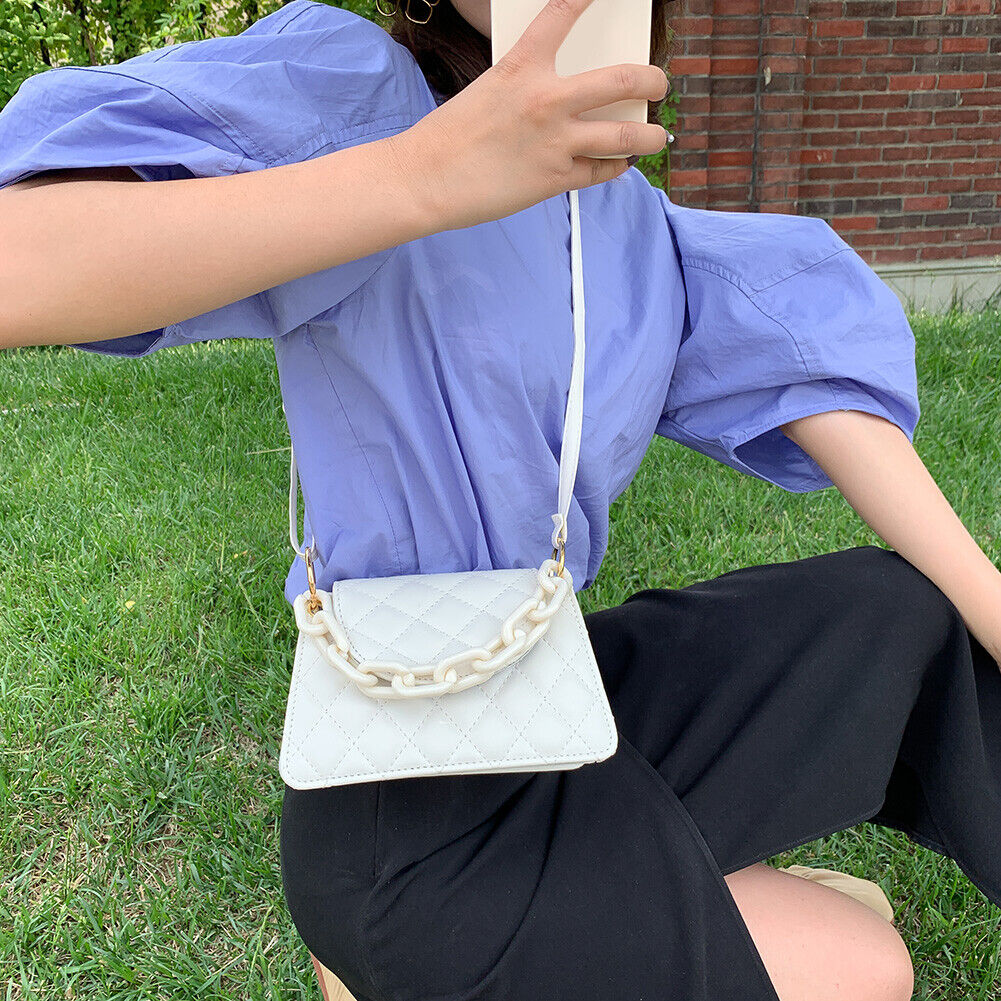 Women Candy Chain Crossbody Bag PU Shoulder Female Travel Handbag (White)