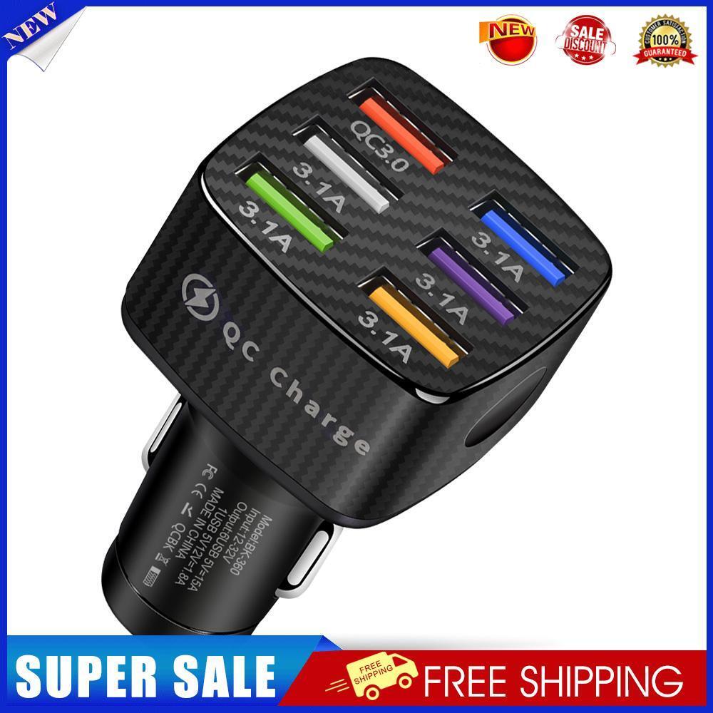 15A 6 Ports USB Car Charger QC3.0 Fast Charging Cell Phone Adapter (Black)
