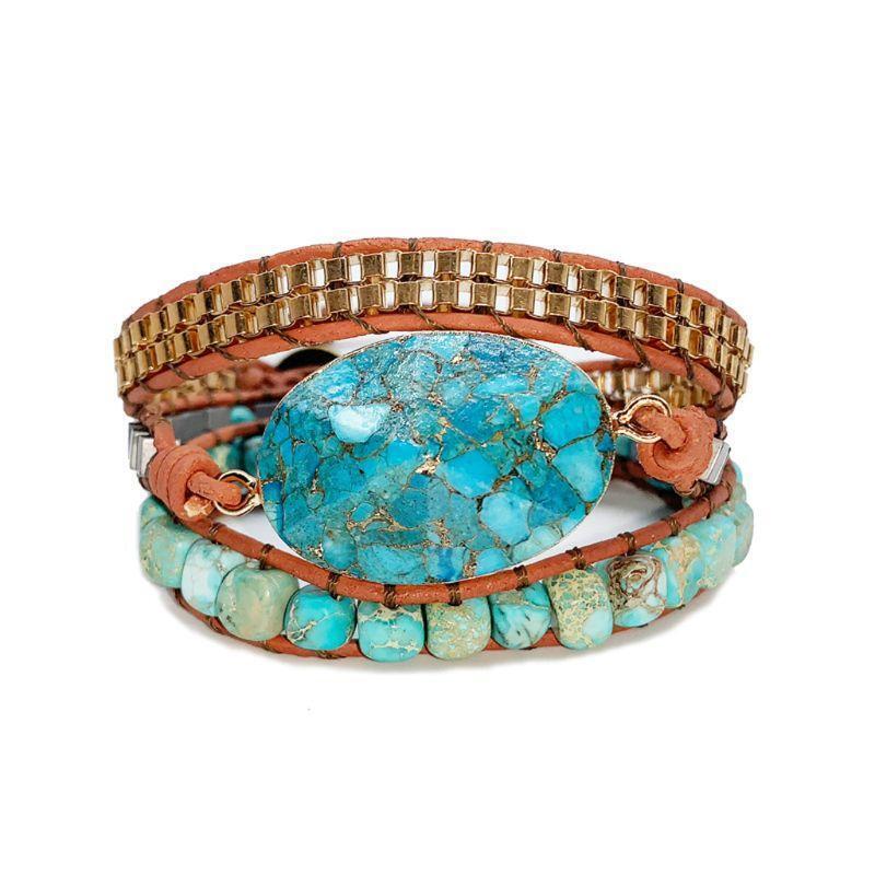 Women Handmade Natural Stone Crystal Hematite Bead Mixed Wrap Leather Bracelet