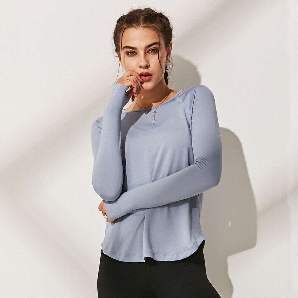 Women Gym Breathable Sportwear Fitness Gym Shirts Long Sleeve (L)(Blue)-270