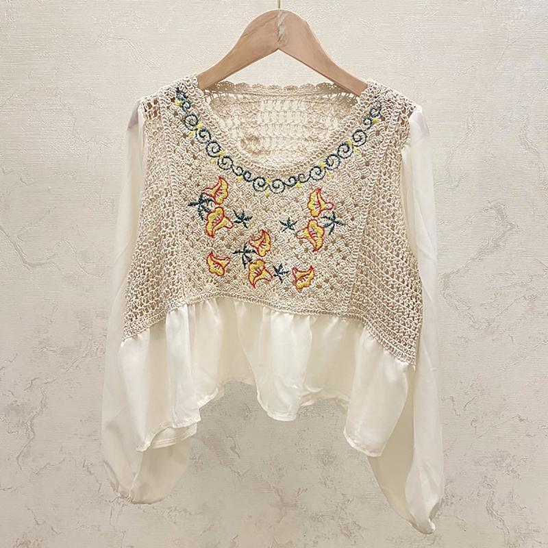 Crochet Floral Peplum Top Women Chiffon Puff Sleeve French Knitted Blouse Shirt