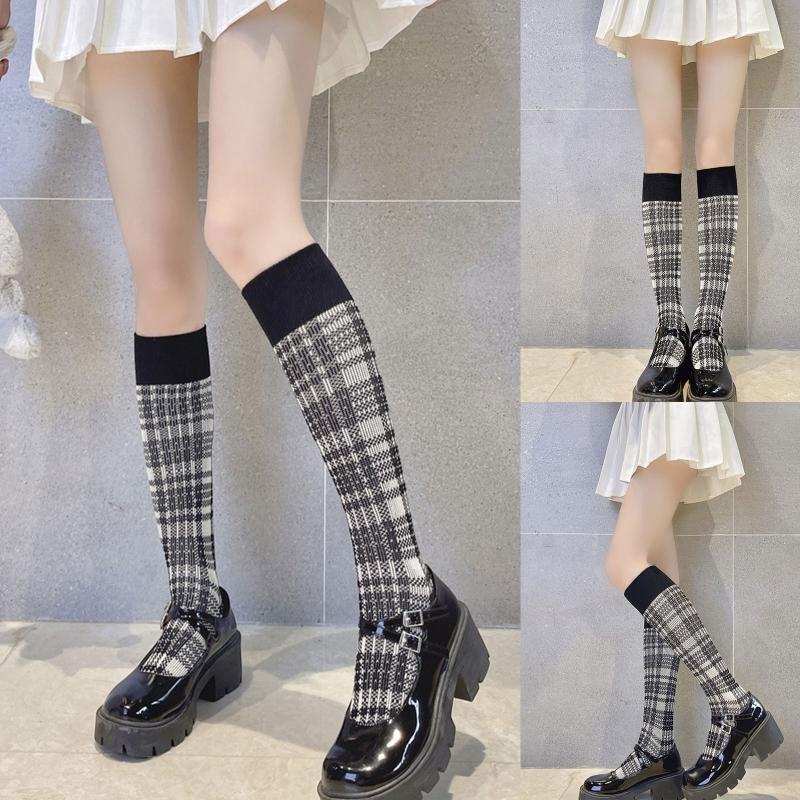 Maid Cute Lolita Socks Tube Long Socks Women Girl Knitted Plaid Cotton Knee High