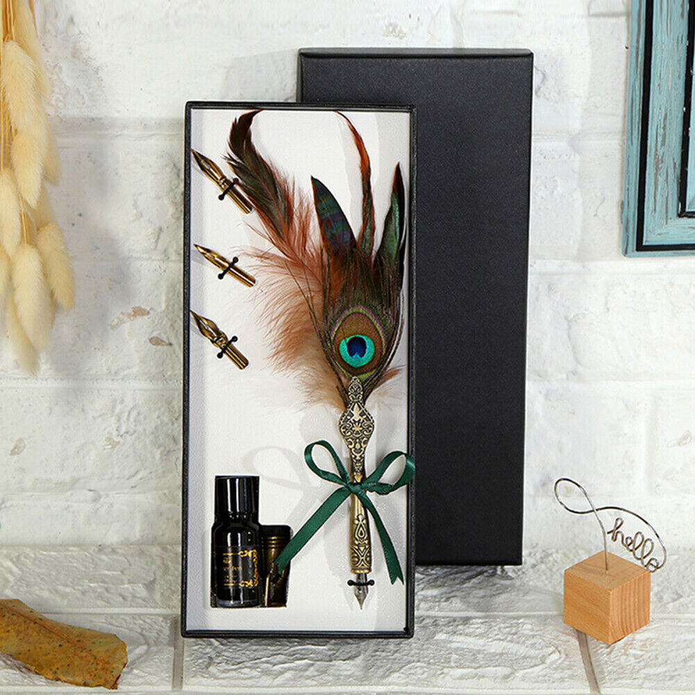 Feather Writing Quill Pen Ink Bottle Set Collection Calligraphy Stationery
