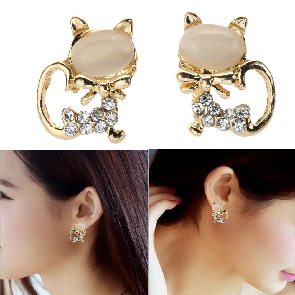 Cat Eye Stone Diamond Shiny Kitty Cute Small Animal Earrings (White)