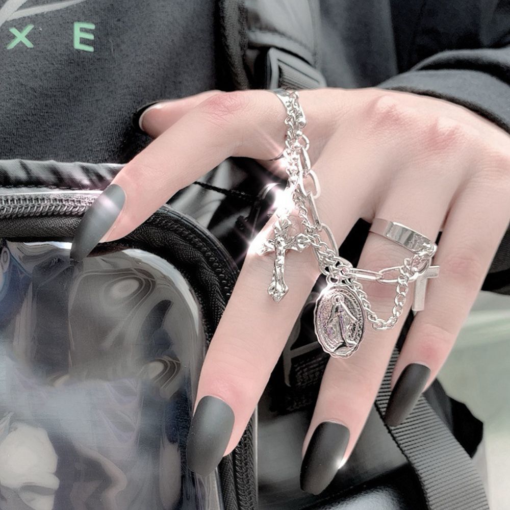 Open Finger Ring Cross Virgin Mary Pendant Multi-layer Chain Punk Rings